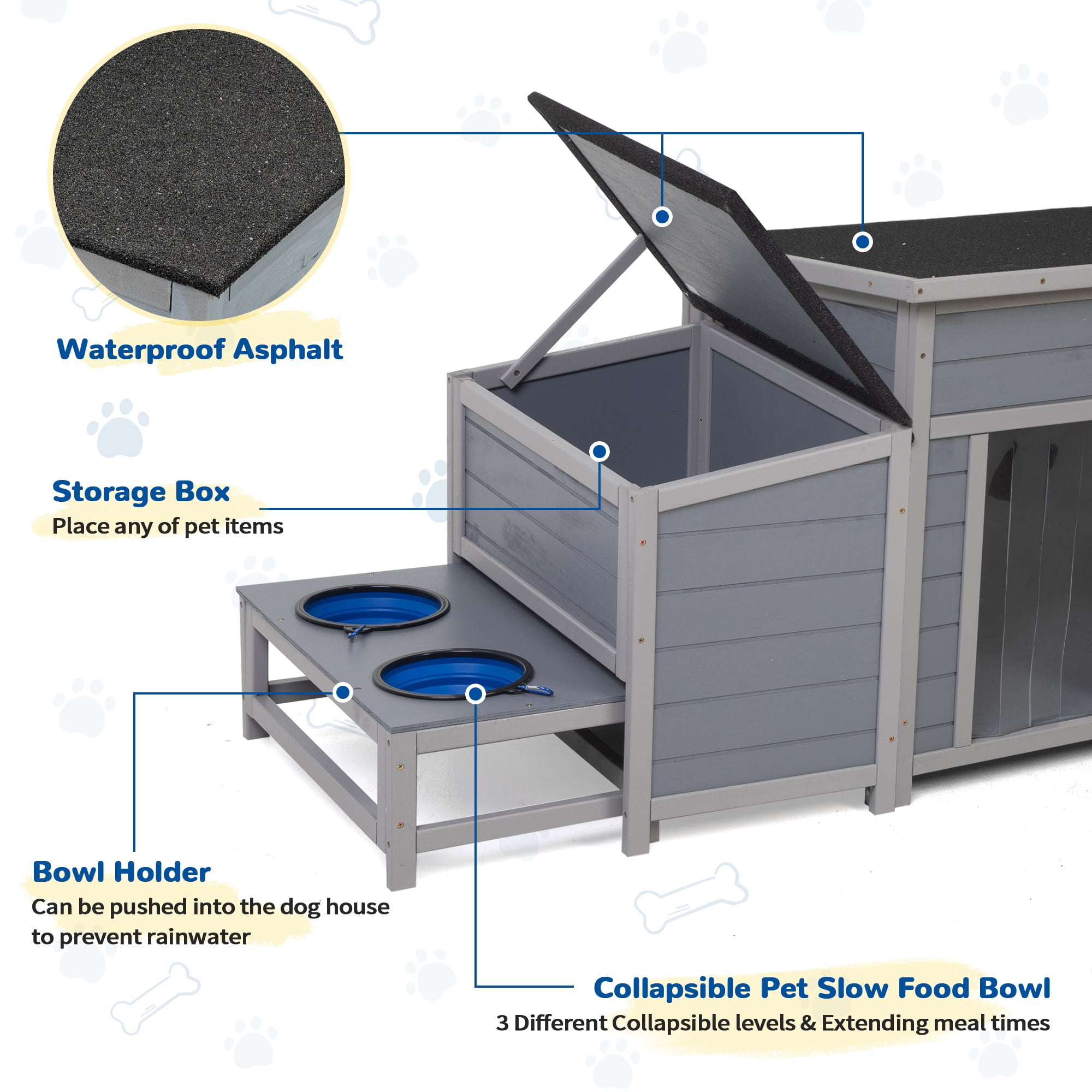 Jaxpety Dog House Outdoor Wooden Dog Kennel for Medium to Large Dogs with Weatherproof Roof, Slow Food Bowls, Storage Box