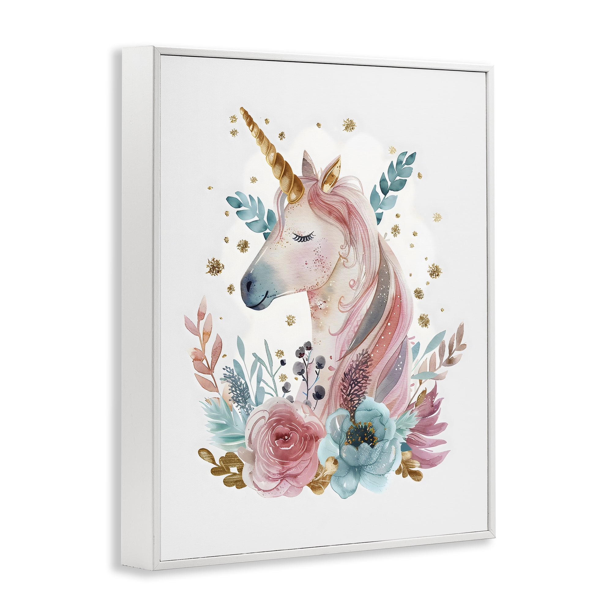 Stupell Industries Floral Unicorn with Gold Details White Framed Giclee Art, design by LSR Design Studio