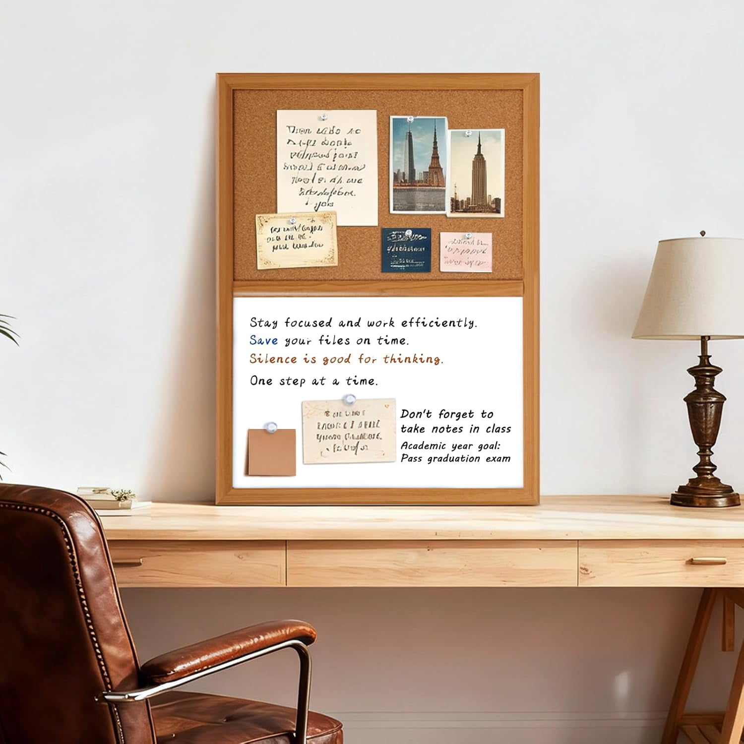 Cork Board White Board Combo with MDF Wood Frame, 24 x 18 Inch Bulletin Board, Magnetic Dry Erase Board & Corkboard for Wall, Vision Board for Home, Office, School