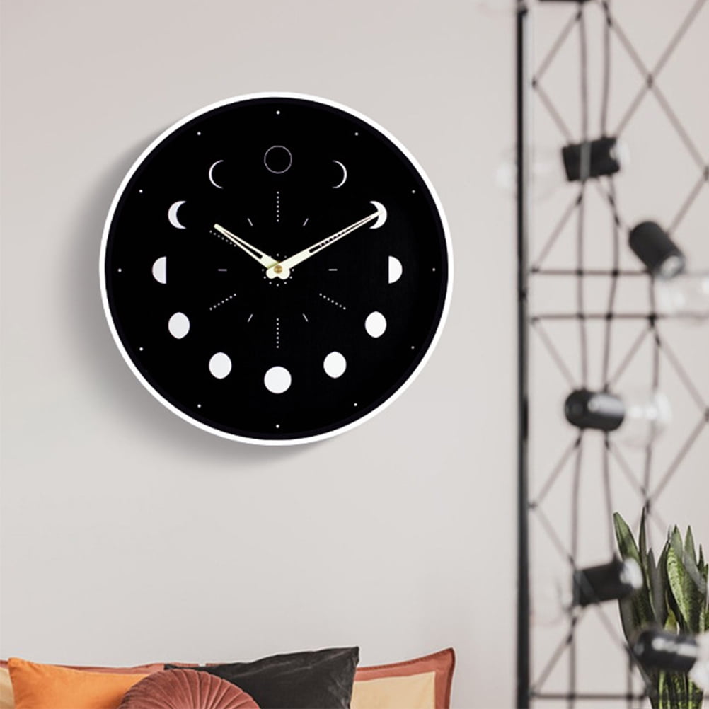 LOLIPPYY Luminous Moon Phase Wall Clock, Black round Wooden Glass Silent Decor