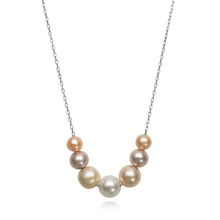 - 6-9.5mm Natural Multi-Color Pink Cultured Freshwater Pearl Sterling Silver Chain Necklace, 18