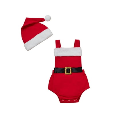 

Afunbaby Infant Baby Girl 2Pcs Christmas Outfits Color Block Sleeveless Strap Romper with Santa Hat Sets