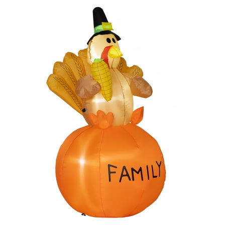 4.9ft Inflatable Thanksgiving Decoration Turkey, Blow Up Outdoor LED Yard Display, Waterproof Multicolor   Polyester