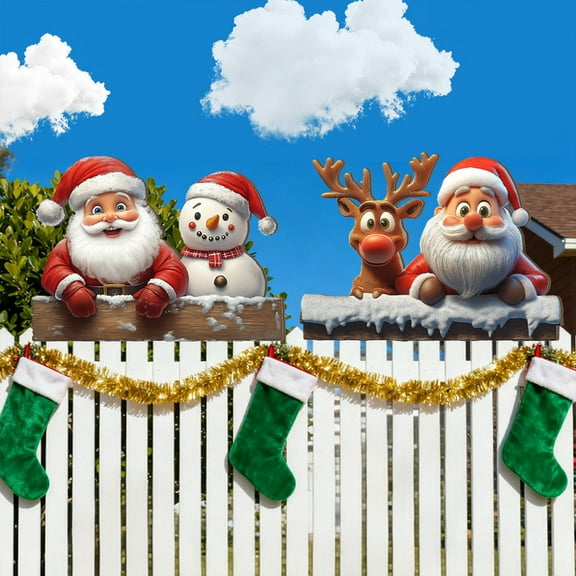 2 pcs Christmas Fence peeker Decoration Santa Claus elk Snowman Peeking Garden Yard Cute Outdoor Sign Ornament for Xmas DIY Art Patio Decor