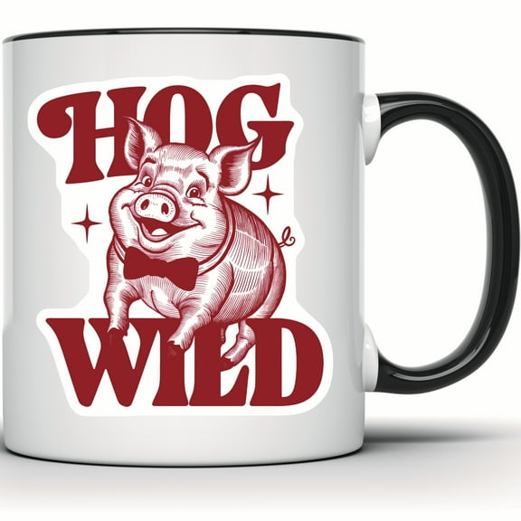 Hog Wild Pig Mug - Funny Animal Cartoon Pig Design - Cute Hog Farm Animal Gift - Unique Coffee Mug for Pig Lovers - Novelty Pig Mug - 11 Ounce Black Rim Handle Novelty Coffee Cup - WMUG0816-Black Rim