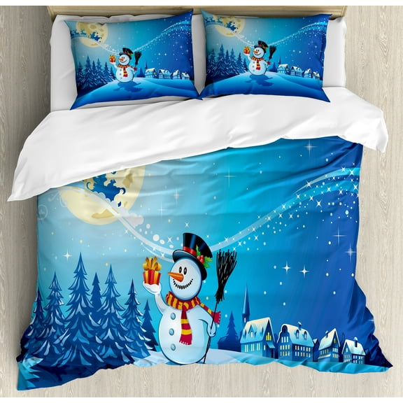 Christmas Duvet Cover Set, Snowy Landscape Pines Houses Starry Sky Full Moon and Santa with Present, Decorative 3 Piece Bedding Set with 2 Pillow Shams, King Size, Blue Eggshell White, by Ambesonne