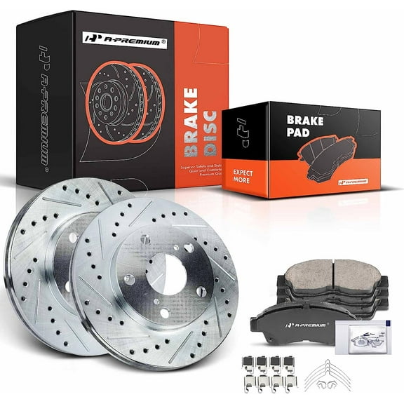 A-Premium 10.01 inch (254mm) Front Drilled and Slotted Disc Brake Rotors   Ceramic Pads Kit Compatible with Select Toyota Models - Camry 1992-2001 2.2L, 6-PC Set