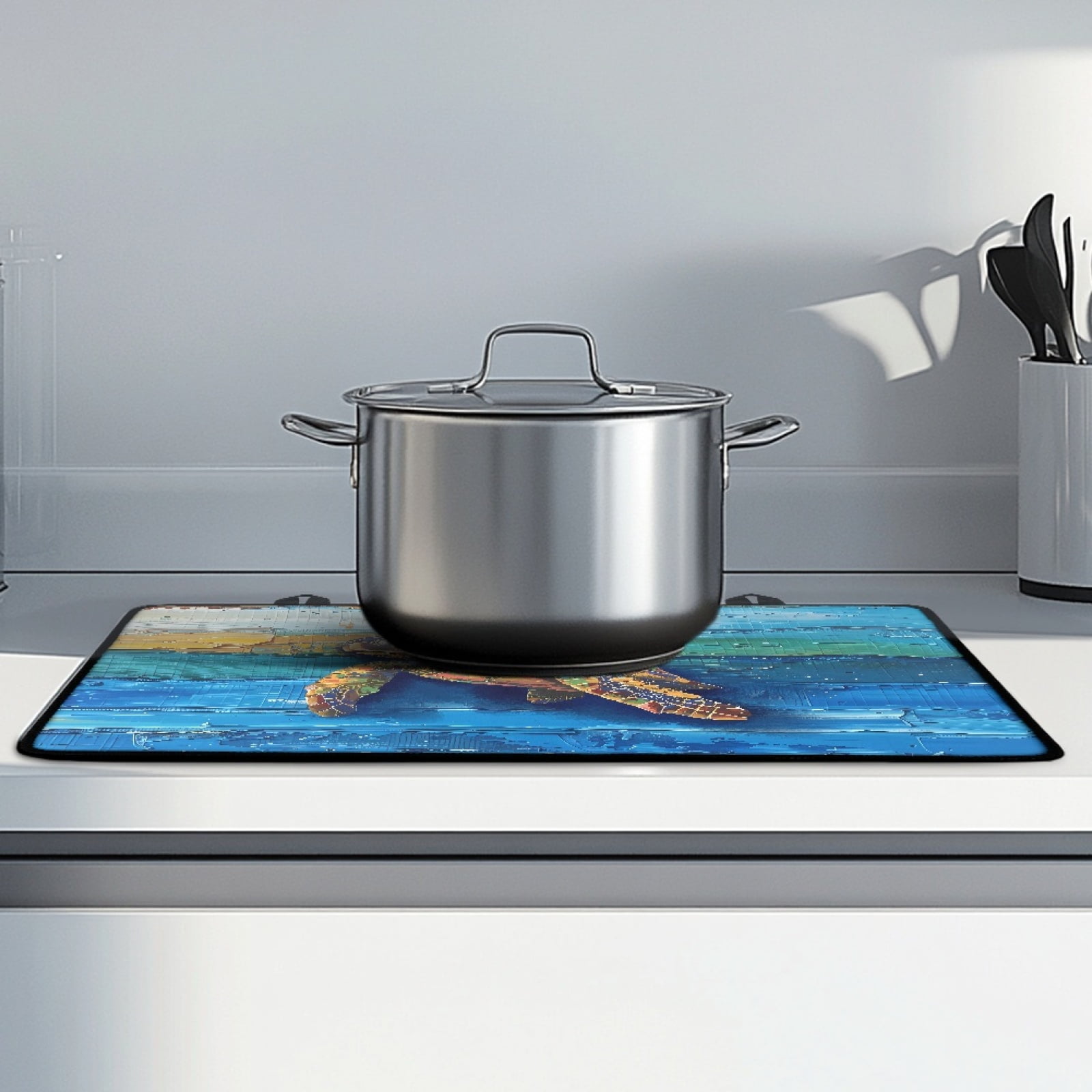 Renewold Stove Top Cover for Electric Stove, Non-skid Glass Electric Stove Top Mat, Induction Electric Stove Top Protector for Kitchen Counter Top, Sea Turtle Wood Grain Blue