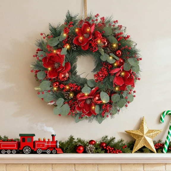 24" Artificial Christmas Wreath with Mixed Berries Pinecone Red Flower Holiday Decor for Front Door, Outdoor, Indoor, Mantel and Window