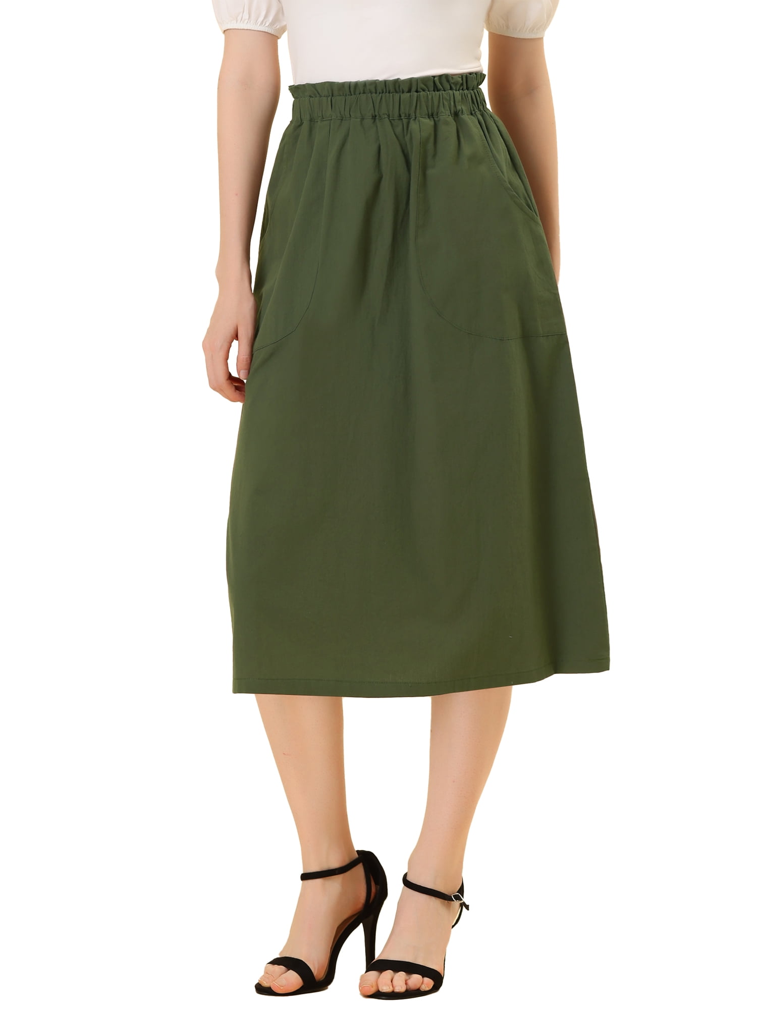 DARING DIVA Women's Cotton A-Line Midi Skirt with Pockets M Army Green