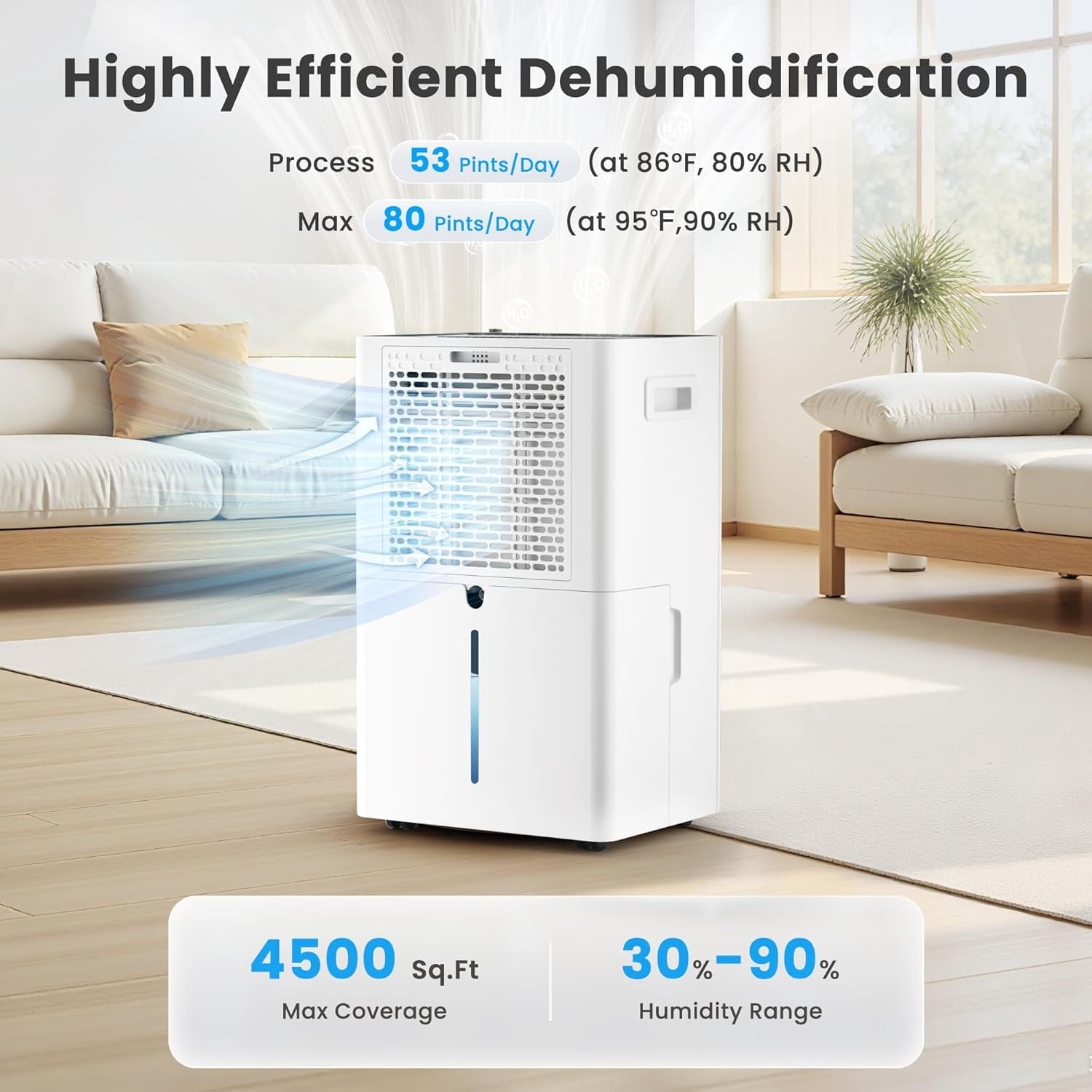 80-Pint Smart Dehumidifier for Home & Basement, Covers up to 4,500 Sq.Ft, WiFi Portable Large Room Dehumidifier with 1.35-Gallon Tank, Drain Hose, Auto/Sleep/Continuous Modes for Bedroom, Bathroom