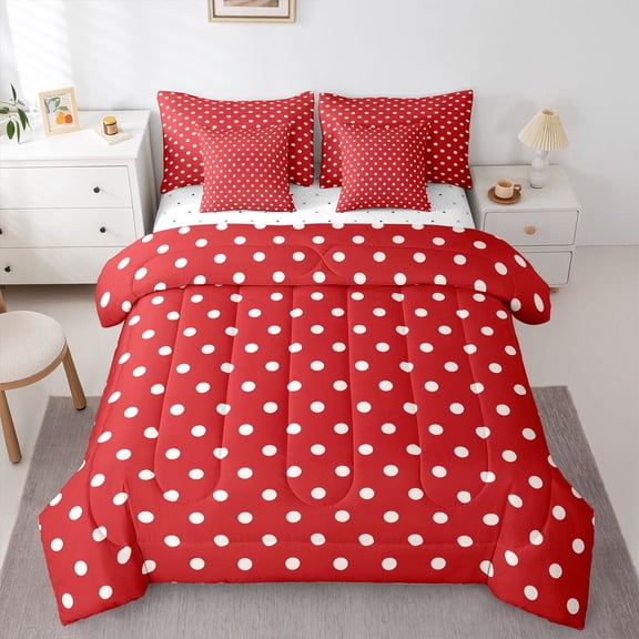 Manfei Polka Dots Boy Girl Twin Bedding Sets 7-Piece,Vintage Aesthetic Bedding Comforter Set Microfiber,Red White Breathable Sheet Sets,Microfiber Bedroom Decor,Reversible