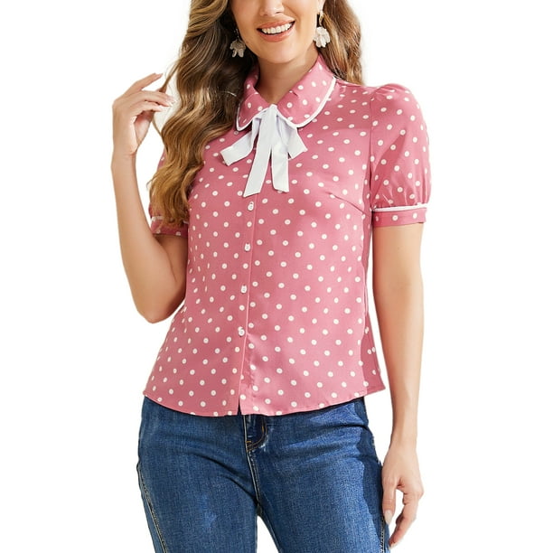 BLUSA DE LUNARES PARA MUJER INSPIRE CHIC CON CUELLO PETER PAN Y LAZO EN LA MANGA CORTA TIPO VINTAGE TALLA XS ROSA