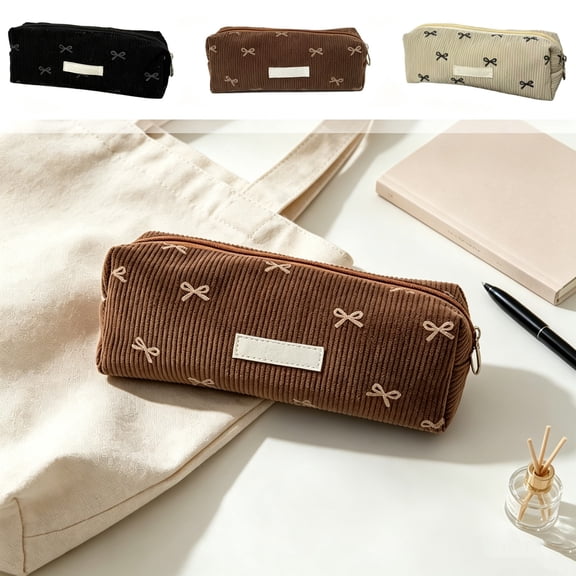 Celsvanis Pencil Case Large Capacity Pencil Pouch Pen Bag Embroidered Corduroy Stationery Organizer for Students Home Office Supplies, Beige