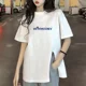 thumbnail image 4 of Camiseta de mujer de algodón puro con cuello redondo, manga corta, estilo coreano, holgada, adelgazante, con abertura lateral, para verano, 4 of 4