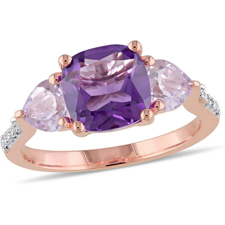 Tangelo 2-1/2 Carat T.G.W. Amethyst and Rose de France with Diamond-Accent Rose Rhodium-Plated Sterling Silver Three-Stone Ring