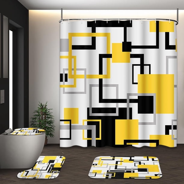 Juego de cortina de ducha geométrica amarilla con tapa de inodoro y alfombrillas antideslizantes, cortina de ducha abstracta cuadrada negra y gris de 4 piezas para baño, decoración de baño de línea