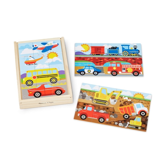Melissa & Doug Classic Vehicles Wooden Jigsaw Puzzles in a Box - 3 puzzles, 12 pcs each