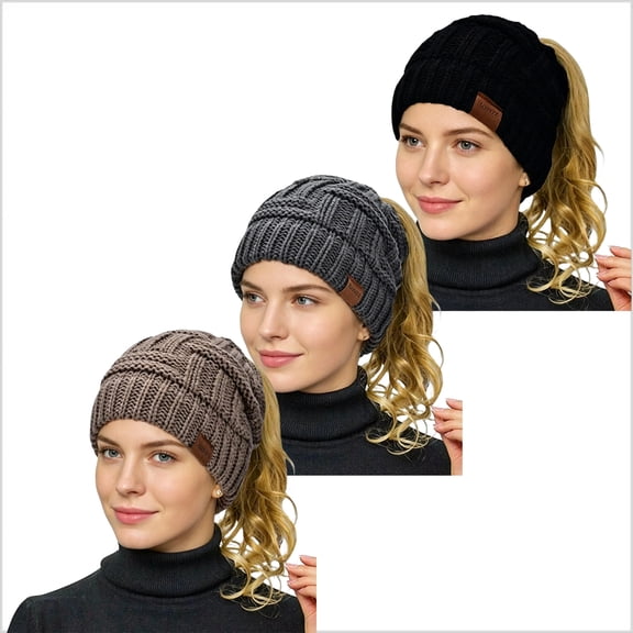 Rosoz 3 Pack Women Ponytail Beanie, Stretch Cable Knit Messy High Bun Hat, Warm Winter Hat with Ponytail Hole