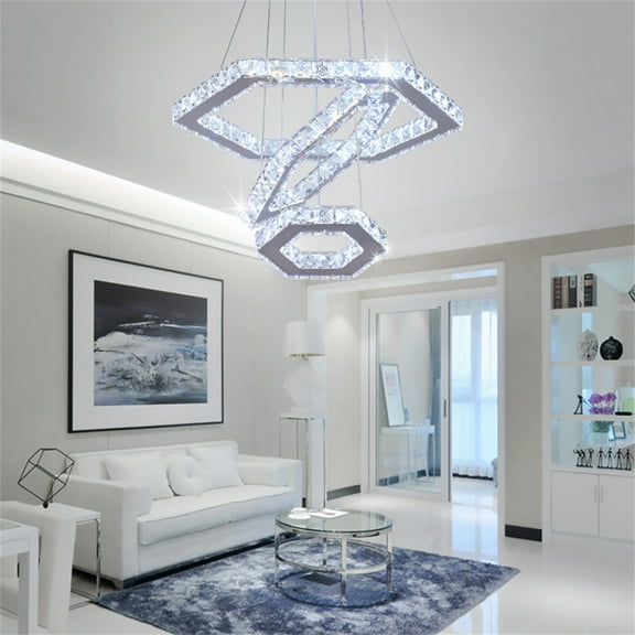 FRIXCHUR Adjustable Modern Crystal Chandelier Lighting Fixtures 3 Rings Hexagon LED Pendant Lighting for Dinning Room Bedroom Kitchen(Cool White)