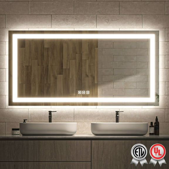 60 in. W x 30 in. H Rectangular Frameless Wall Bathroom Vanity Mirror with Backlit and Front Light