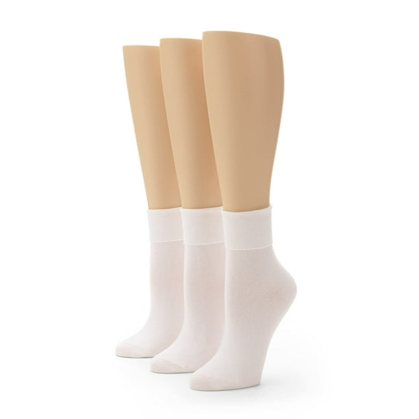 No Nonsense Women's Cotton Basic Cuff Sock 3-Pack, White, 4-10 