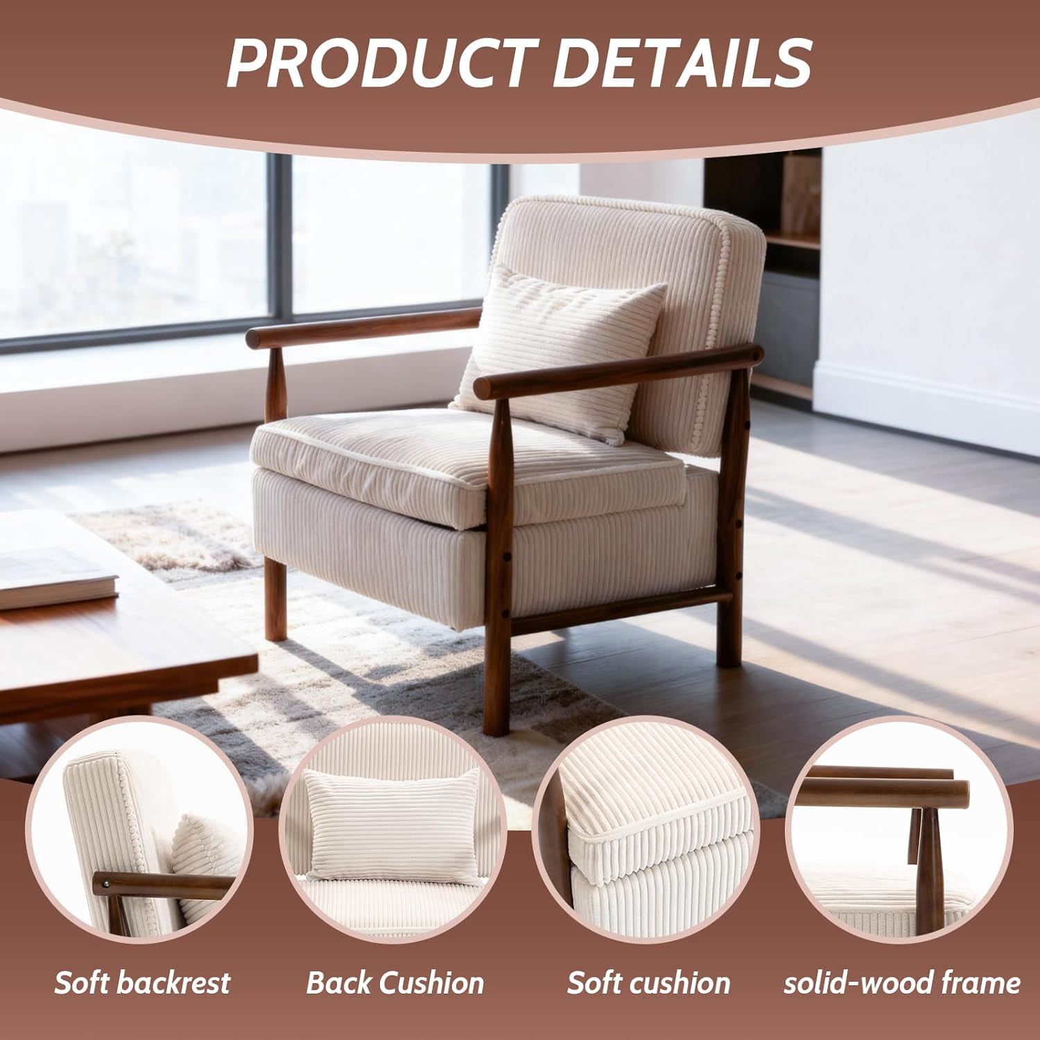 MOONMISS Accent Chair with Hidden Storage, Armchair with Solid Wood Frame, Corduroy Fabric Accent Chair for Living Room,Beige