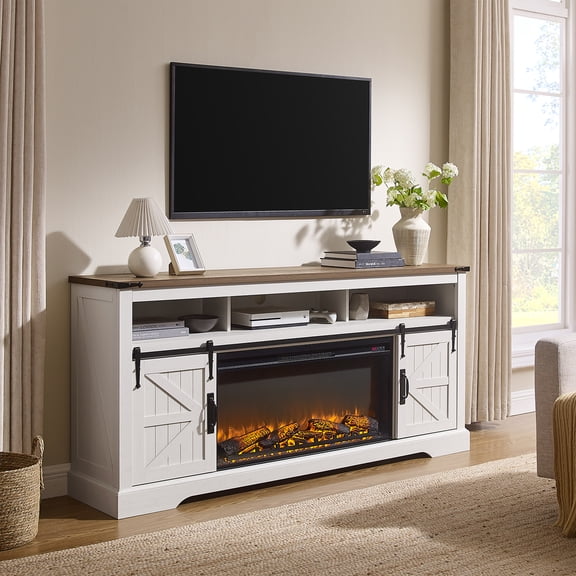 KeyWhat Farmhouse Fireplace TV Stand for TVs up to 80", 37" Electric Fireplace & Barn Door