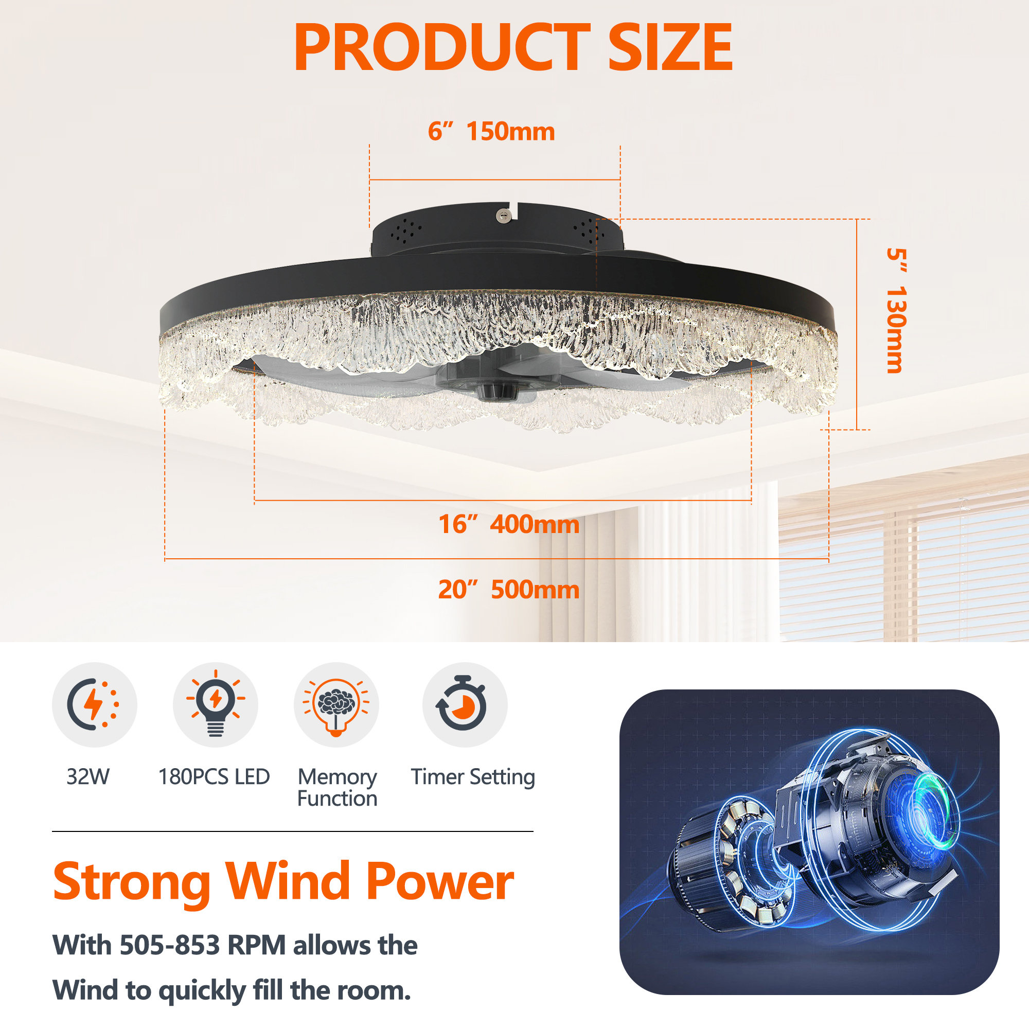 Leumius 20" Decorative LED Ceiling Fan Light, Modern Flush Mount with Acrylic Ring, Hidden Blades, Remote Control and Dimmable Light for Bedroom, Kids Room, Study Room (Black)