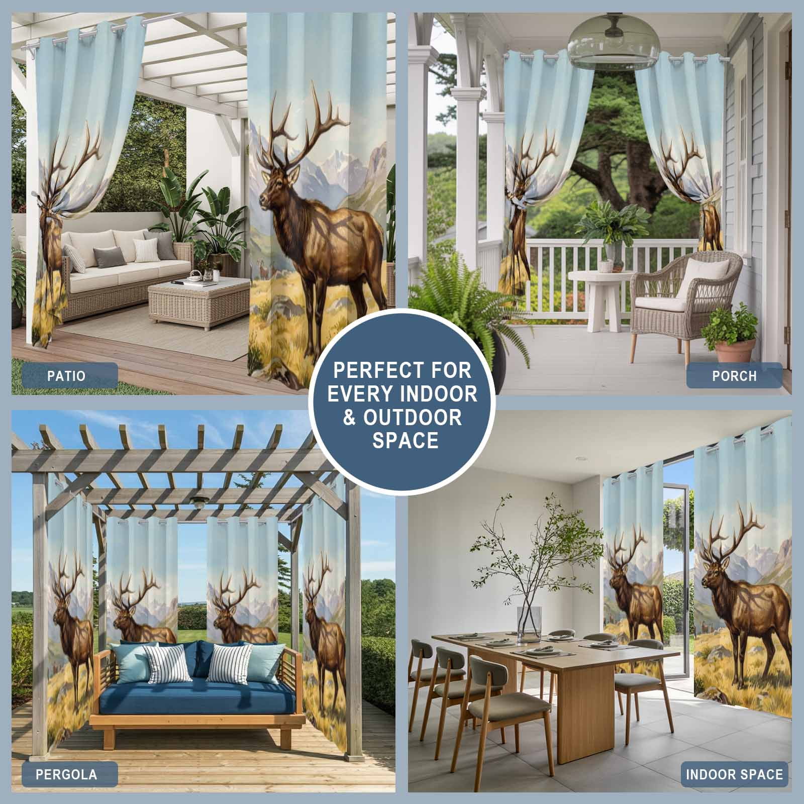 Majestic Elk Outdoor Curtains for Patio, Brown Wildlife Animal Rocks Snowcap Alpine Meadow Farm Sunshade Privacy Drapes Grommet Waterproof Outside Curtains for Porch/Cabana/Balcony 54"x 108", 1 Panel