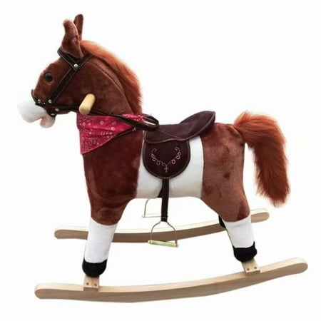 Wooden Pony - Kids Plush Ride On Pony Rocking Realistic Horse Wooden Toy with Neigh Sound Dark Brown