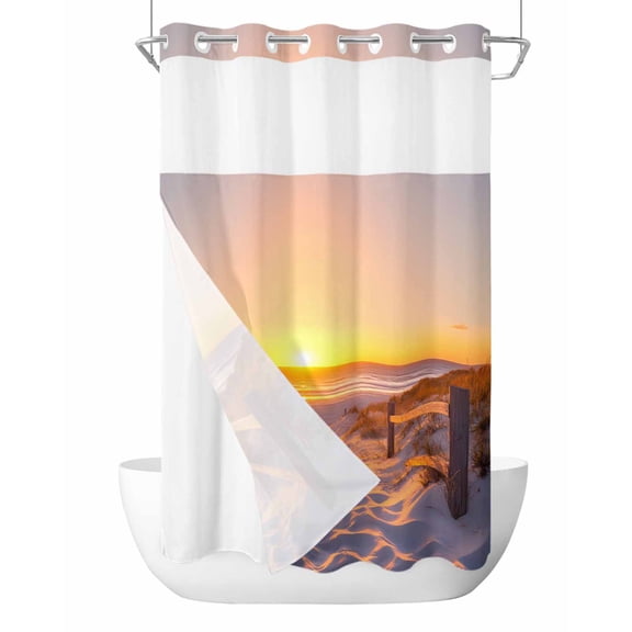 No Hook Cloth Fabric Shower Curtain with Snap in Liner, Summer Beach Waterproof Shower Curtains Set with See Through Top Window, Sunset Nautical Ocean Sea Bath Curtains Shower 36"x78"