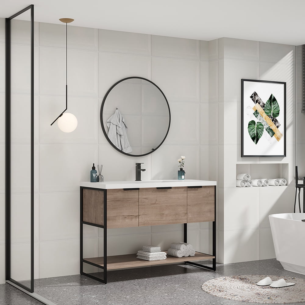 Kepooman 47" Modern Floating Bathroom Vanity, Free Standing Cabinet with Doors and Drawer, Imitative Oak Kepooman 47" Modern Floating Bathroom Vanity, Free Standing Cabinet with Doors and Drawer, Imitative Oak
