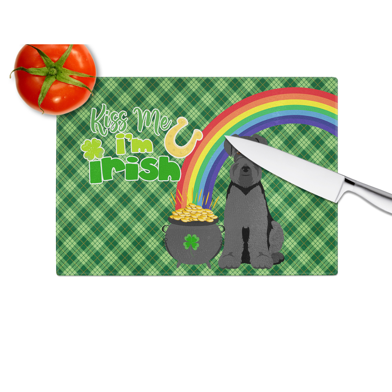 Black Natural Ears Schnauzer St. Patrick's Day Glass Cutting Board Large 12 in x 15 in