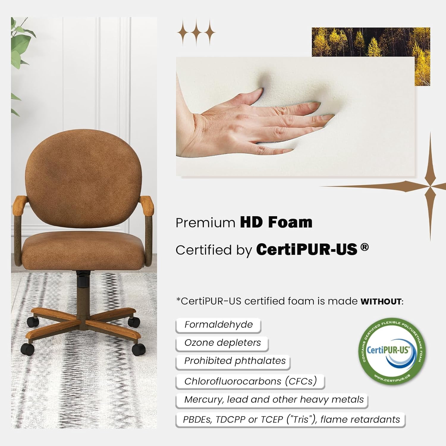 Chromcraft Douglas Swivel-Tilt Casual Dining Chair with Casters, PU Leather Upholstery, Wood Arms, Metal Base