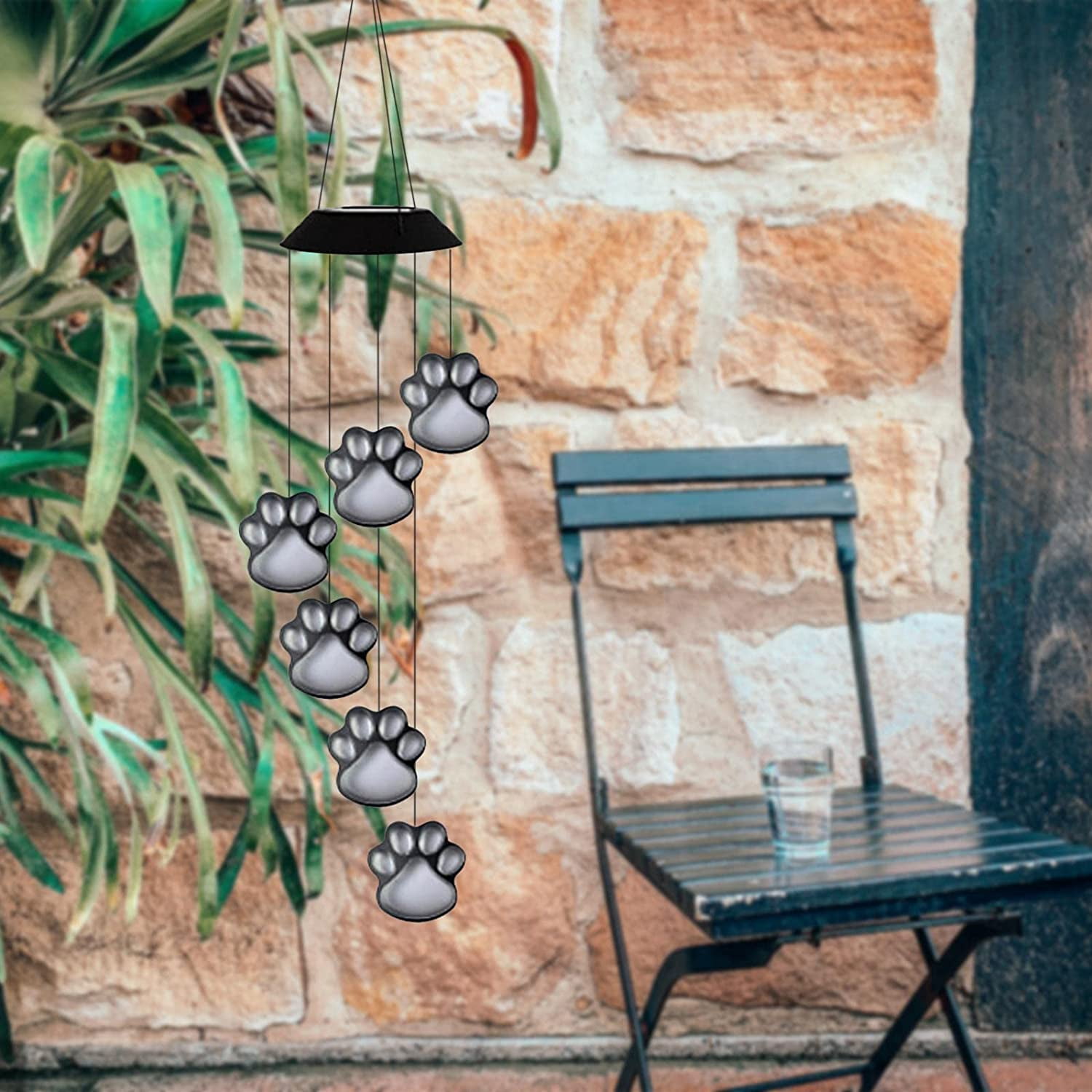 Solar Wind Chime Outdoor,Paw Prints Solar Hanging Lights,Waterproof LED Color Changing Solar Wind Chime Light,Dog Paw Lawn Light for Patio Garden Yard Home Decoration