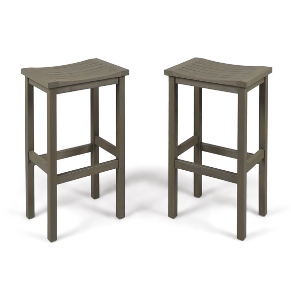 Cassie Outdoor 30 Inch Acacia Wood Barstools, Set of 2, Grey Finish