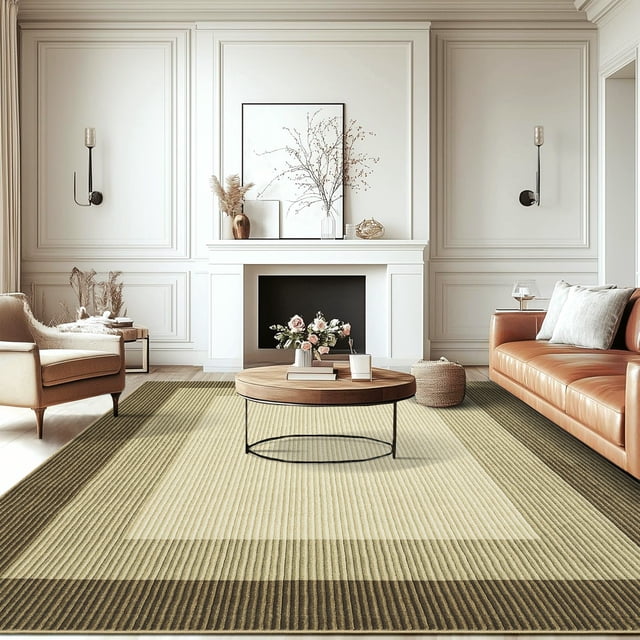 Hasoo Washable 9' x 12' Area Rug for Living Room Non Slip Bedroom Rug Bordered Textured Neutral Accent Carpet Brown