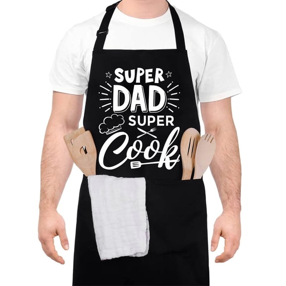 AOWOO Funny Aprons for Men with Pockets, Super Dad Super Cook BBQ Grill Kitchen Apron, Adjustable Black Chef Apron for Dad Husband Boyfriend, Father's Day Birthday Gifts for Men Who Grill