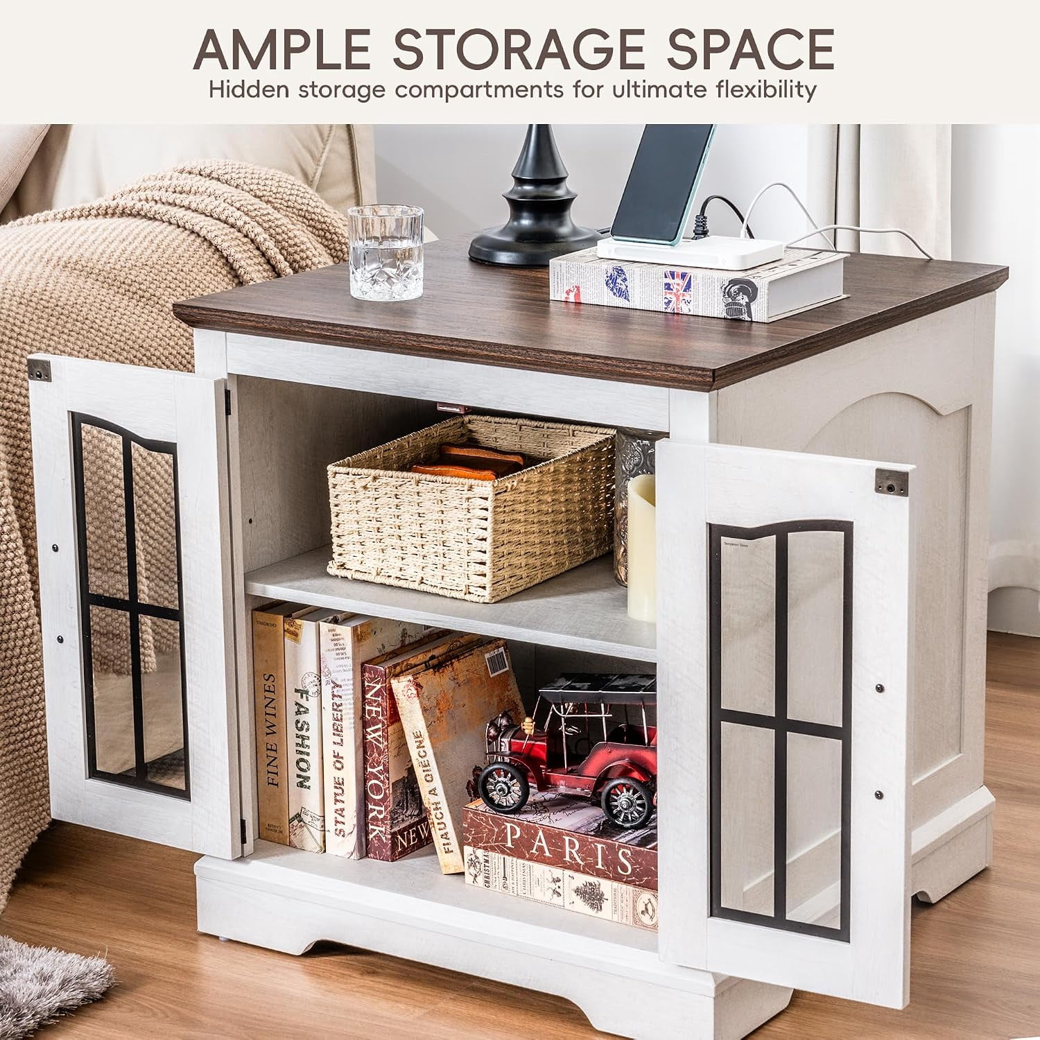 RTC Group Farmhouse Nightstand with Charging Station – White End Table with Storage for Bedroom & Living Room