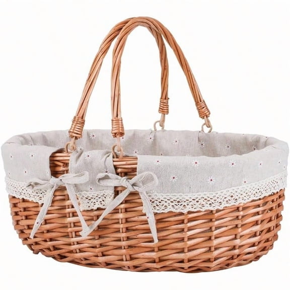 Large Wicker Picnic Basket With HandlesHandle Sturdy Woven Body With Removable And Washable Lining Outdoor Camping Gift Packing Garden Picking Storage.White Flower