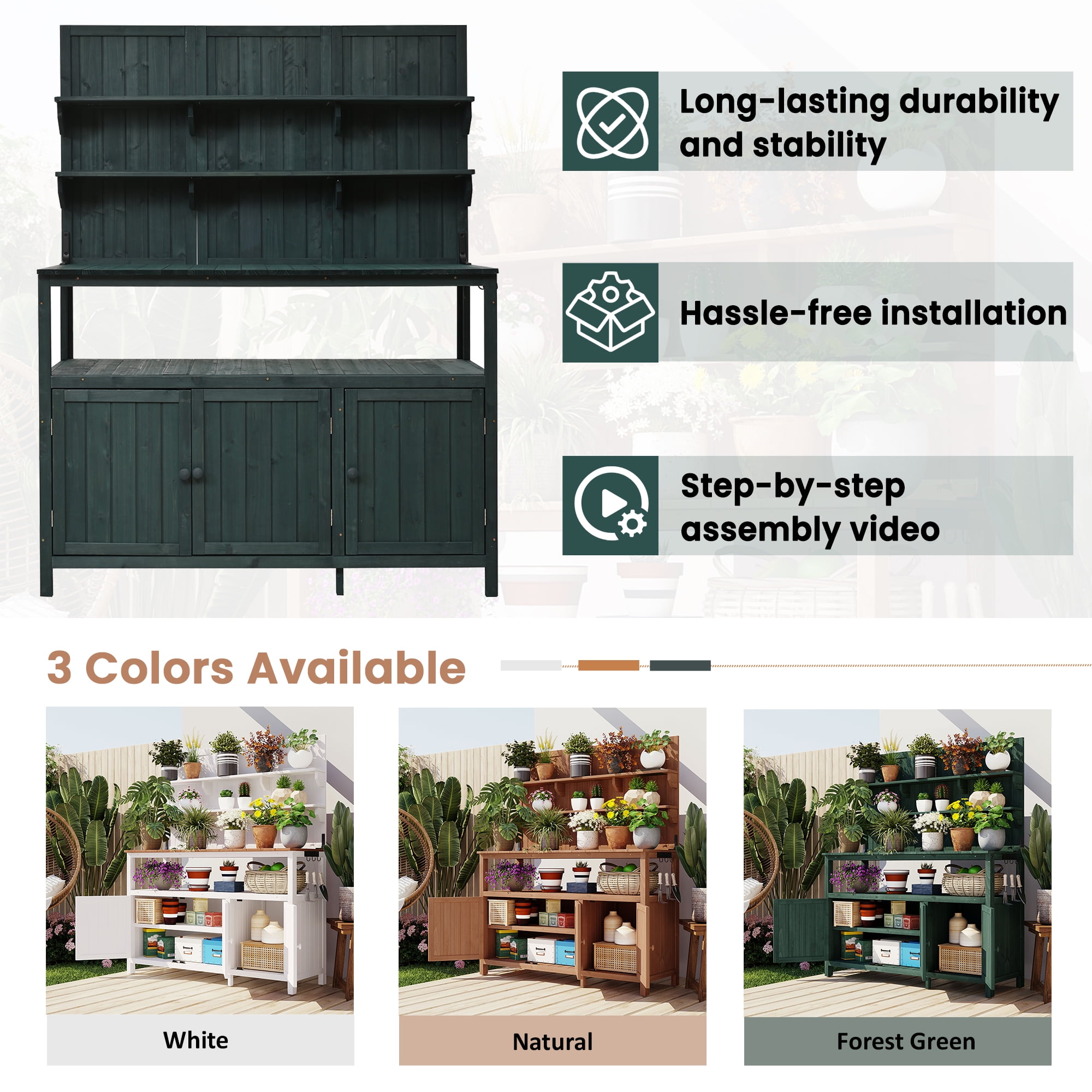 Yoneston Potting Bench with Hutch, 50.2" Solid Fir Wood Garden Workstation with Large Countertop, 2 Shelves, 2 Cabinets & 3 Side Hooks, Outdoor Planting Table for Gardening,Green