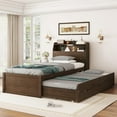 thumbnail image 2 of Roomfitters Twin Size Wooden LED Platform Bed with Trundle, Storage Headboard, and Drawers, Ideal for Maximizing Space in Bedrooms, Stylish and Functional Design, Brown, 2 of 9