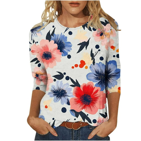 NuoCaiYun 3/4 Length Sleeve Shirts Women Casual 3/4 Sleeve Floral Print T-Shirts Plus Size Round Neck Tunic Tops Cute Graphic Tees