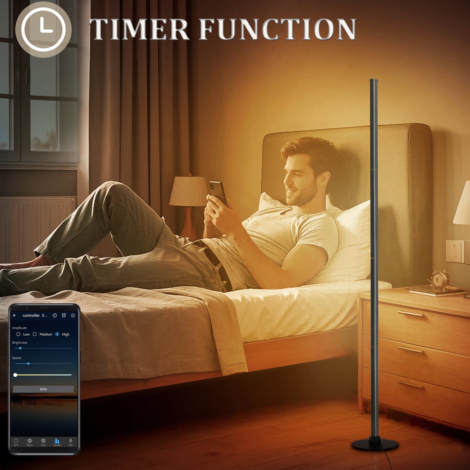 63" Floor Lamp,Modern Color Changing Standing Lamp, Stepless Dimmable Corner Lamp with APP & Remote Control for Living Room, Bedroom, Office