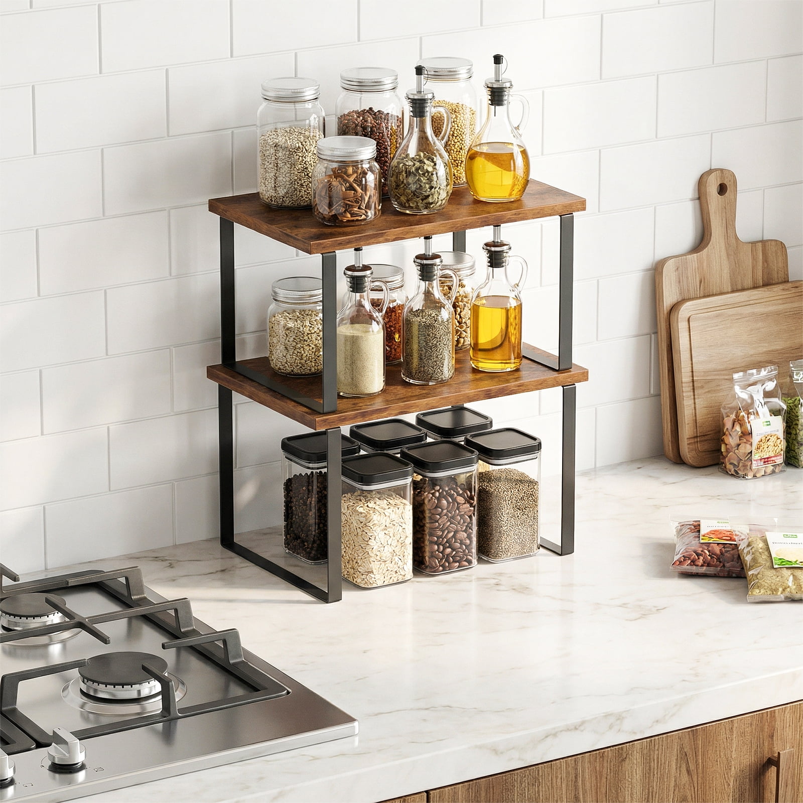 Yoneston 2 Pack Cabinet Organizers Shelf, Spice Rack, Stackable and Expandable Kitchen Counter Shelves, Brown
