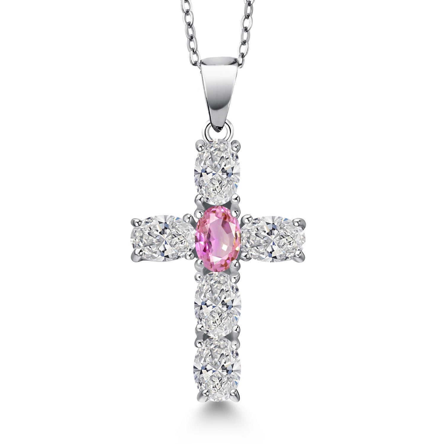 Gem Stone King 925 Sterling Silver Lab Grown Diamond and Pink Sapphire Cross Pendant Necklace for Women | 2.60 Cttw | Gemstone April Birthstone | Oval 6X4MM | With 18 inch Chain