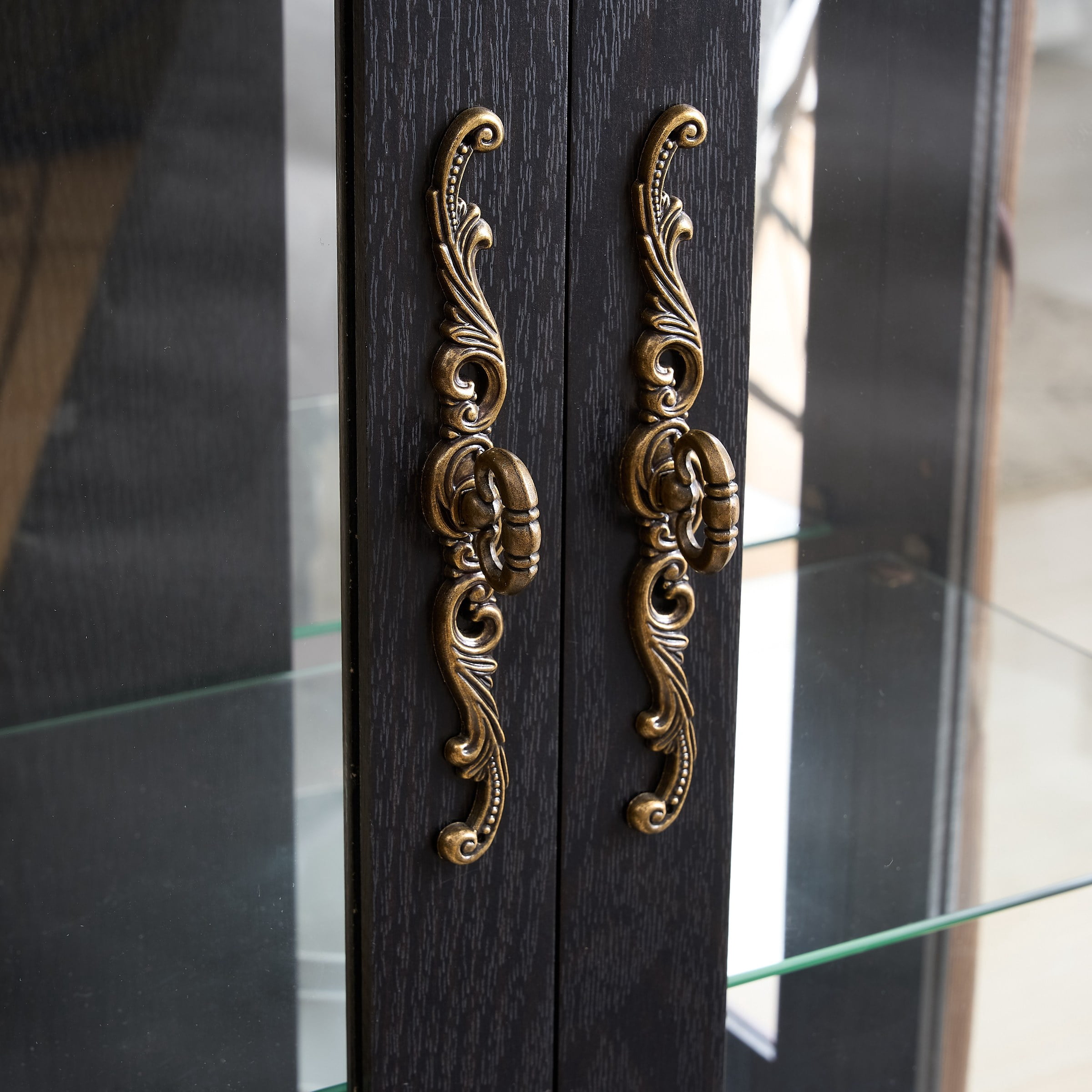 Curio Cabinet with Tempered Glass Doors, Lighted Display Cabinet with Mirrored Back Panel & Adjustable Shelves, Black