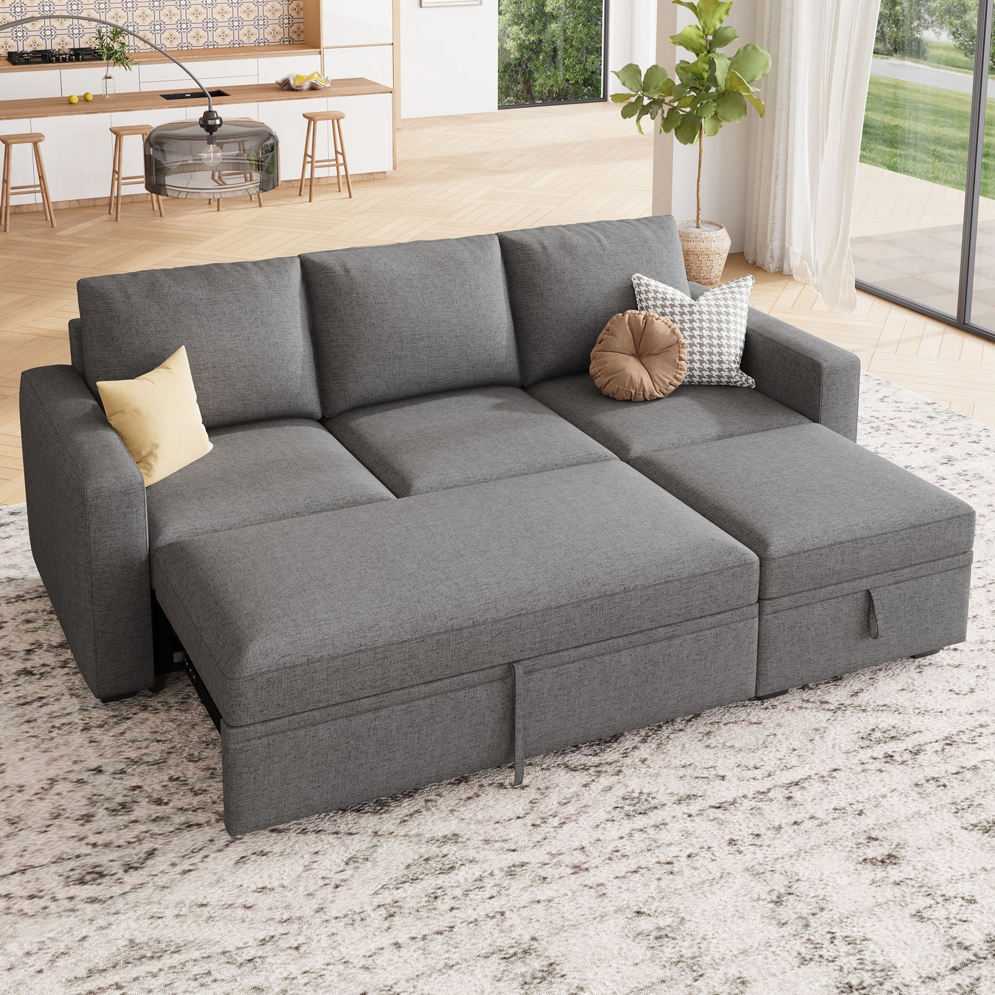 HONBAY 79" Reversible 3 Seat Compact L Shaped Sectional Sleeper Sofa with Pull Out Bed and Storage, Breathable Linen Gray