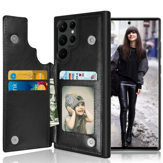 Tiflook Wallet Case For Samsung Galaxy S22 Ultra Minimalist PU Leather Card Holder Flip Cover Black